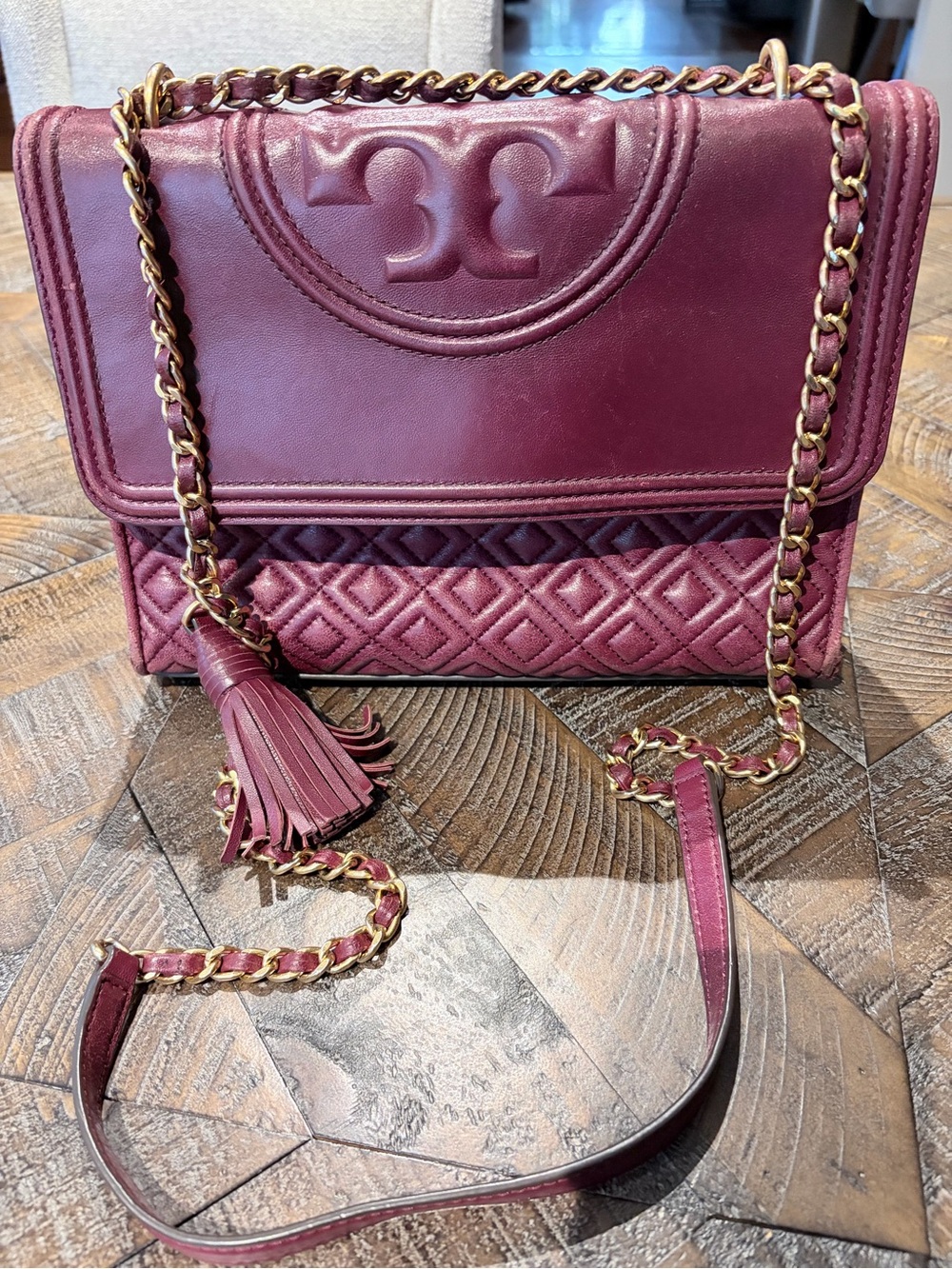 Tory Burch Wine Quilted Leather Shoulder Bag with Tassel